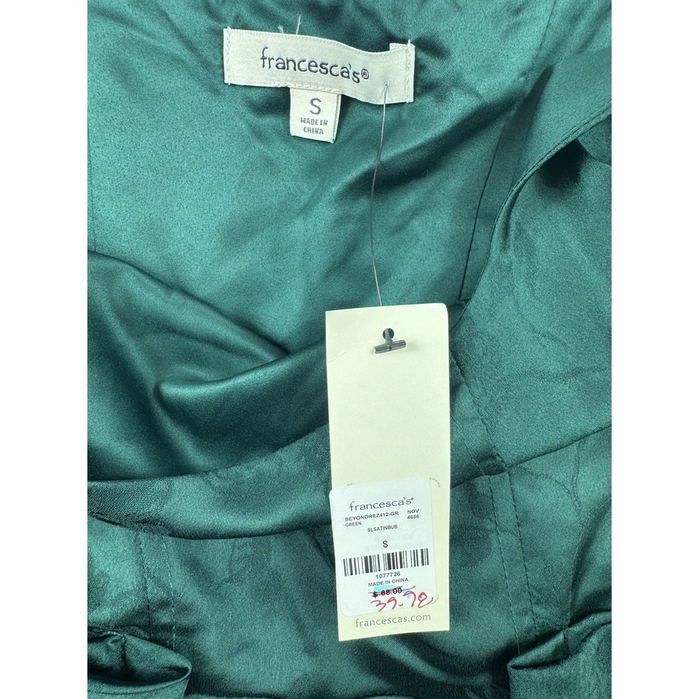Francescas Satin Bubble Hem Mini Dress Small Green Bow Renaissance Romantic - Picture 7 of 9